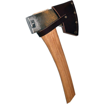 A natural, complete sentence describing the photo: "Side view of the Council Tool Co. Velvicut Premium Hudson Bay Bush Craft/Camp Axe 2lbs, 19" Handle with a wooden handle and a dark metal head,