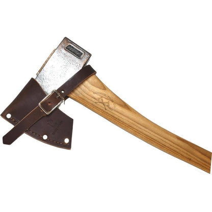A close-up of the Council Tool Co. Velvicut Premium Hudson Bay Bush Craft/Camp Axe with a 19" handle, showing the leather sheath and wooden handle against a white background.