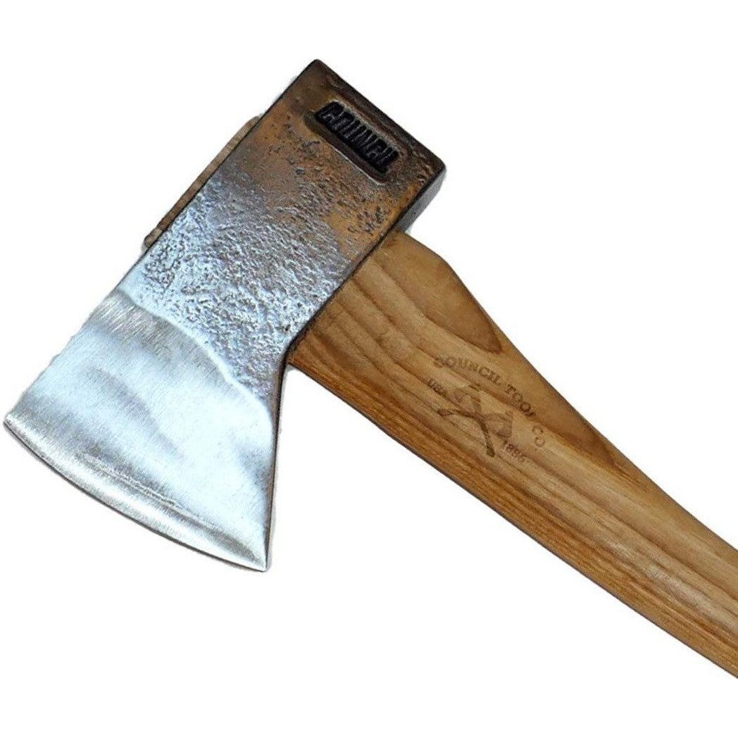 A natural, complete sentence describing the photo is: "Close-up of the Council Tool Co. Velvicut Premium Hudson Bay Bush Craft/Camp Axe with a wooden handle and metal head, photographed against a