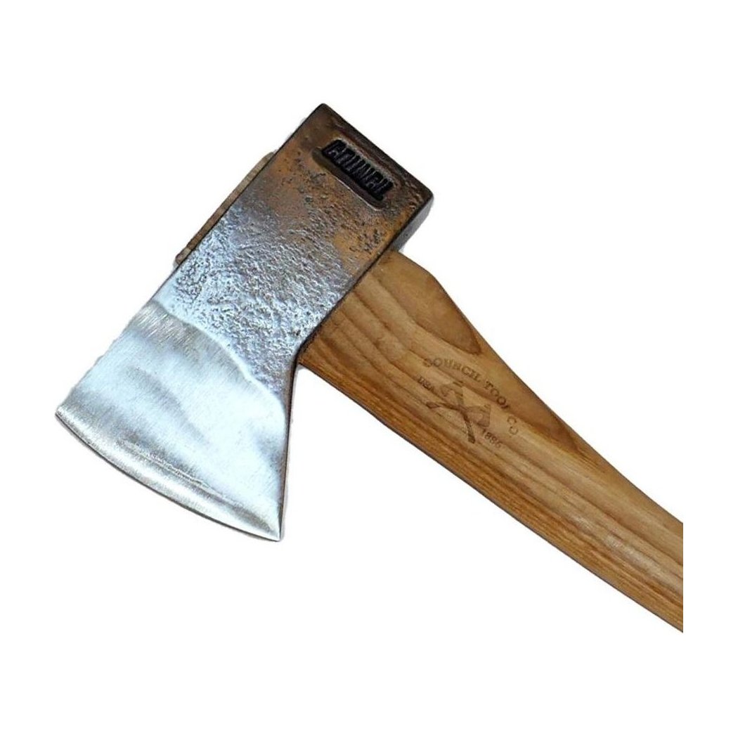 A close-up of the Council Tool Co. Velvicut Premium Hudson Bay Bush Craft/Camp Axe with a 24" wooden handle against a white background.