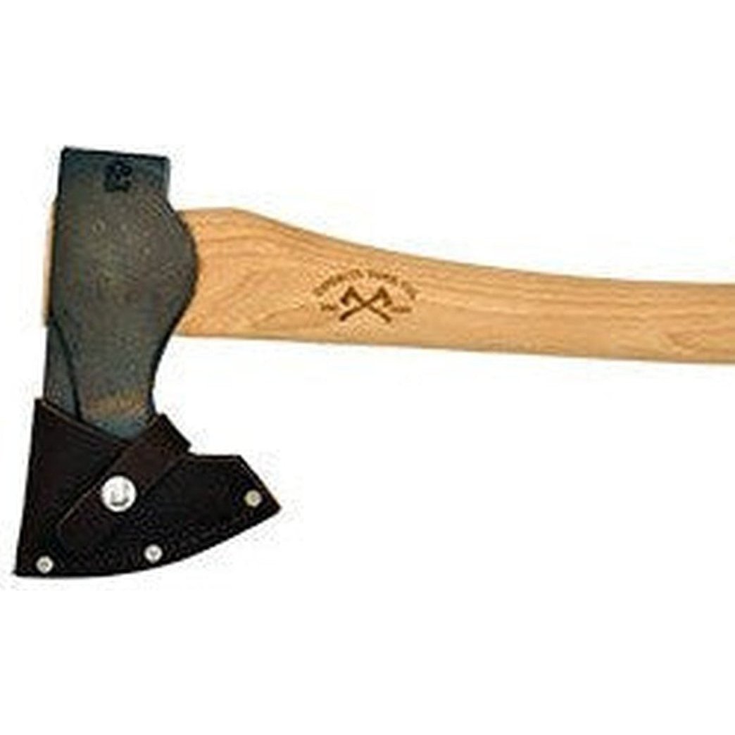 A 24" handle Council Tool Co. Wood-Craft Pack Axe 2lbs with a charcoal/ graphite head and black leather sheath.
