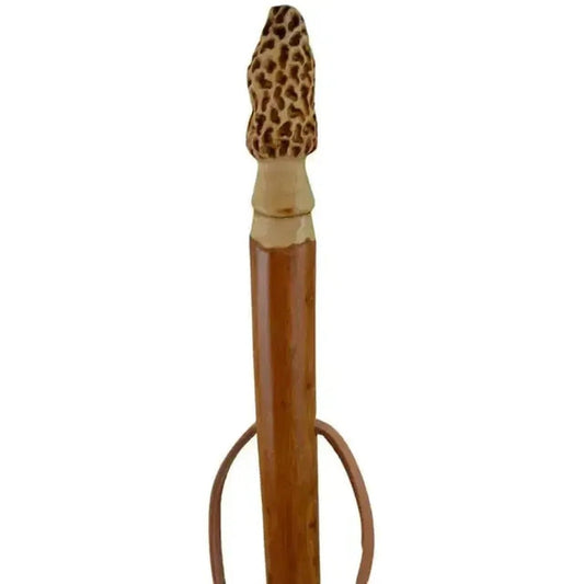 A front view of the Creation Carvings Walking Stick with Morel Mushroom Carving showing the mushroom top and wooden shaft against a white background.