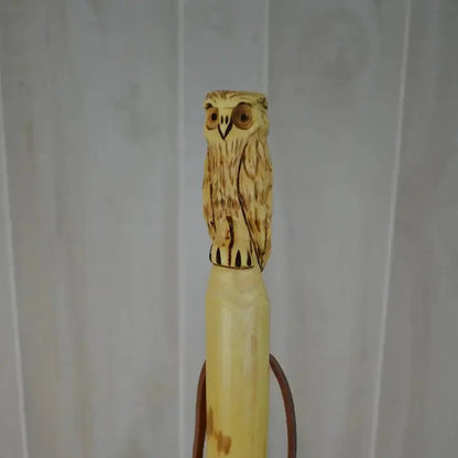 A close-up of the Creation Carvings Walking Stick with Owl Carving against a light gray background.