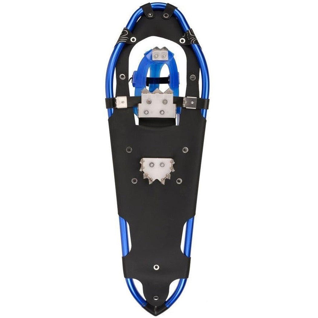 A front view of the Crescent Moon Big Sky 32 red snowshoe with a metal traction plate and blue frame against a white background.