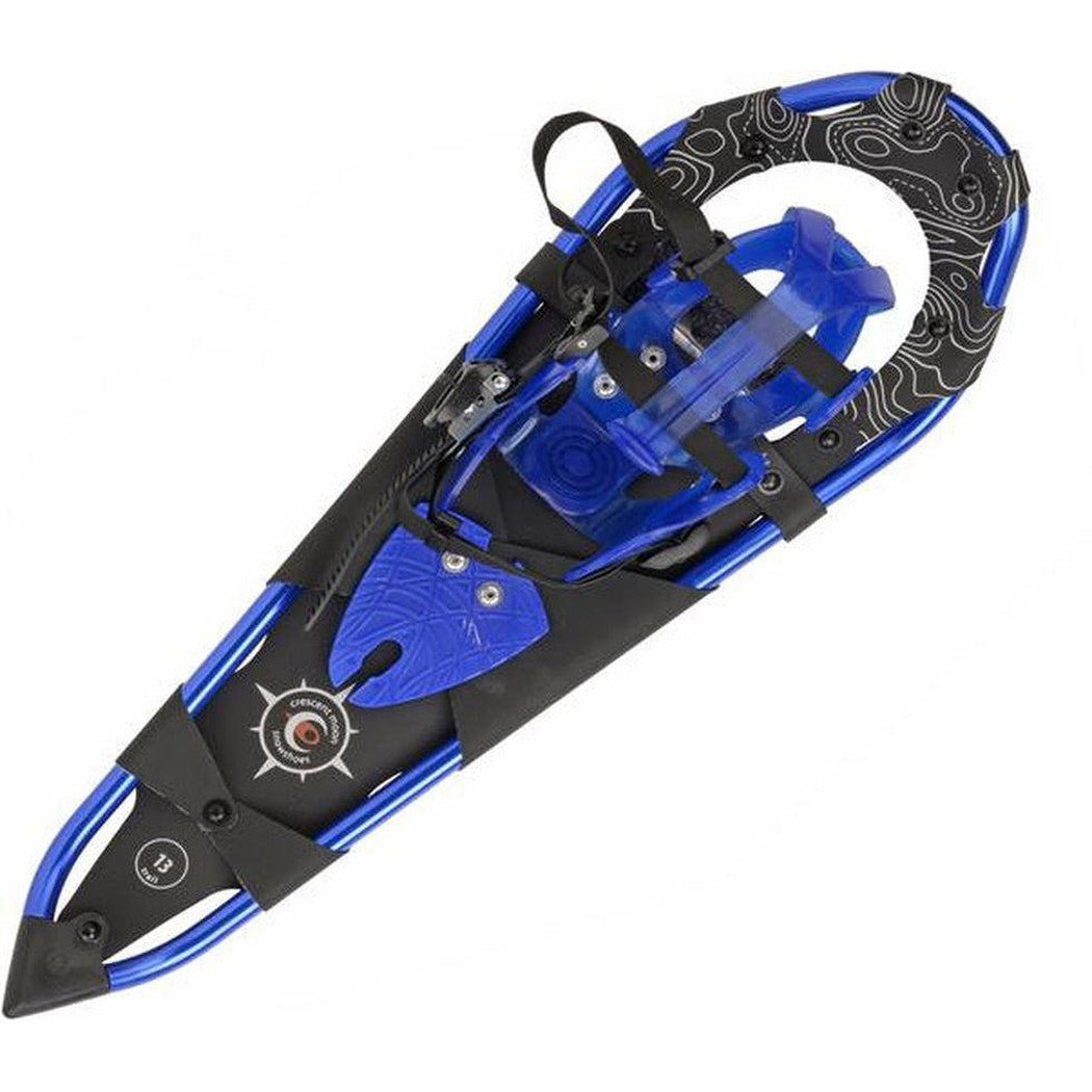 Top view of the Crescent Moon Gold 13 blue snowshoe showing the binding and top strap against a white background.