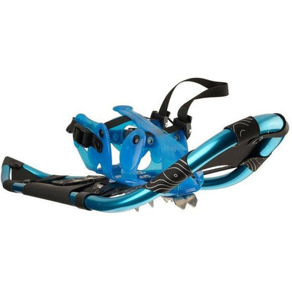 Side view of the Crescent Moon Sawtooth 27 blue snowshoes with black straps and metal crampons against a white background.