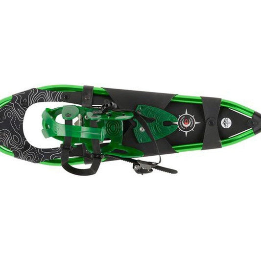 Top-down view of the Crescent Moon Sawtooth 27 snowshoe in Blue with black straps and a compass design on the deck.