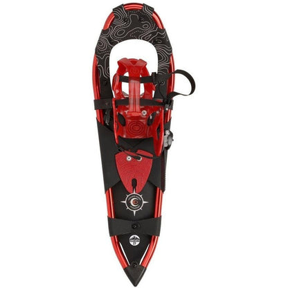 A top-down view of the Crescent Moon Sawtooth 27 snowshoe in Blue with a black and red design, showing the binding and a compass logo on the front.