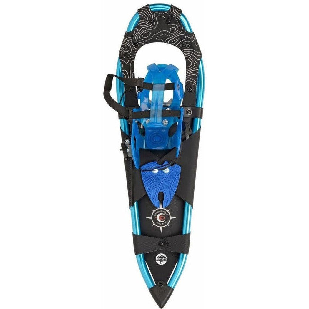 A top-down view of the Crescent Moon Sawtooth 27 blue snowshoe with a black frame and a white background.