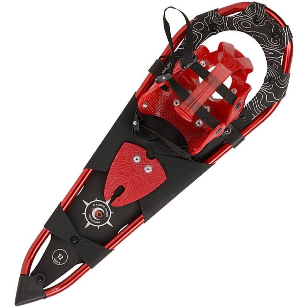 A side view of the Crescent Moon Yellowstone 24.5 red snowshoe with black accents and a white background.