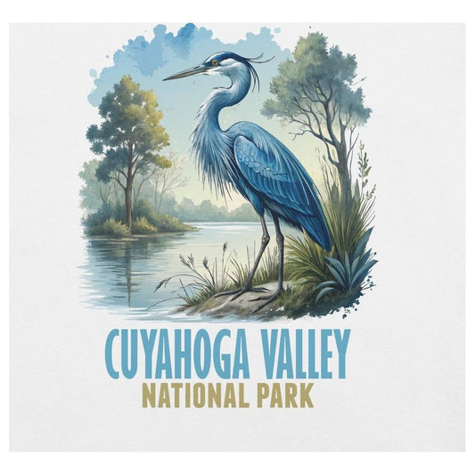 A blue heron stands by a river in Cuyahoga Valley National Park on a white t-shirt.