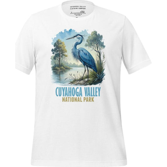 A white Cuyahoga Valley Clothing Company CVNP Blue Heron T - Shirt with a blue heron graphic on the front.