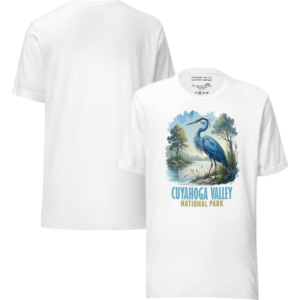 A front view of the Cuyahoga Valley Clothing Company CVNP Blue Heron T - Shirt in white, displaying the blue heron graphic and text on the front.