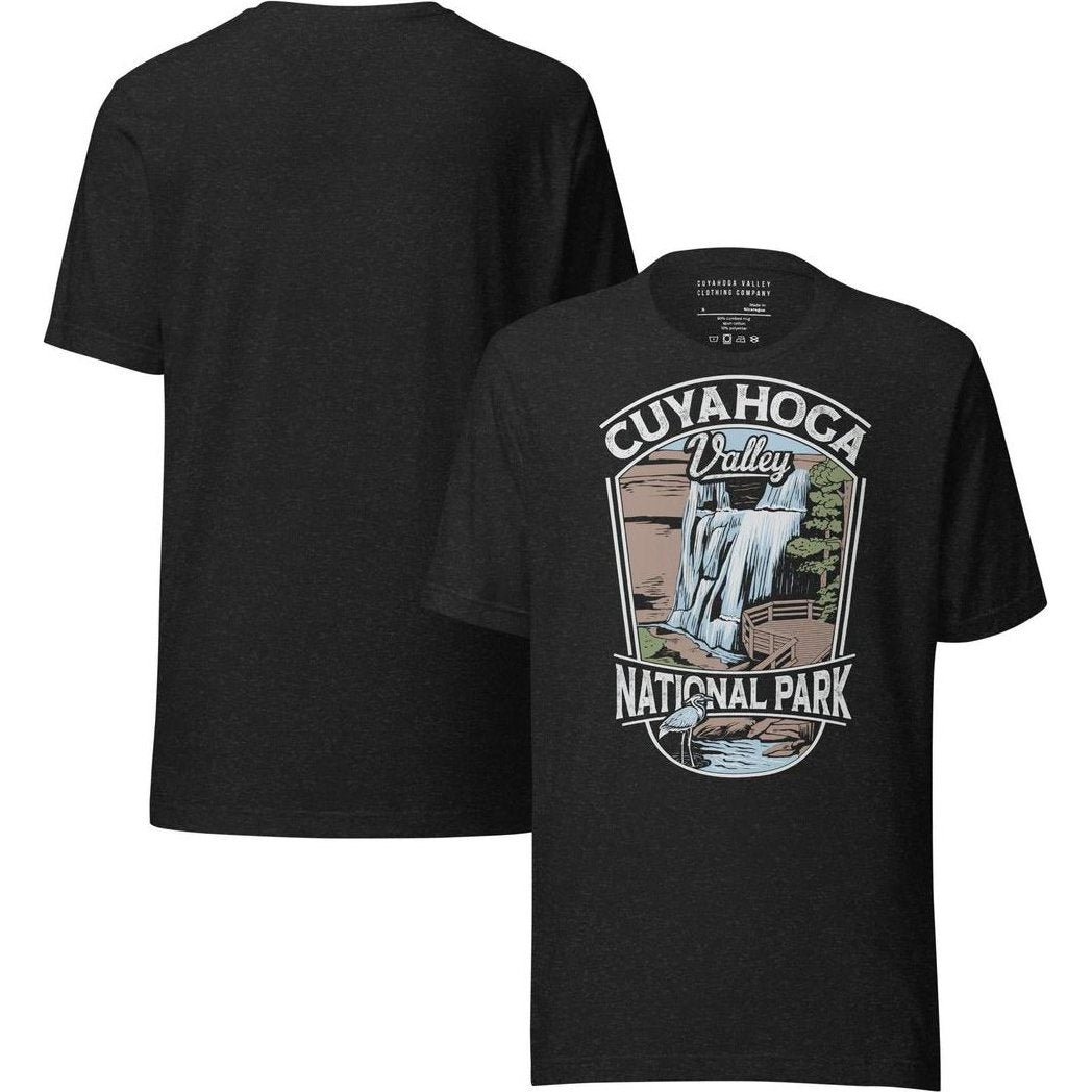 Front and back view of the Cuyahoga Valley Clothing Company CVNP Brandywine Falls T - Shirt in Black Heather showing the graphic design on the front.