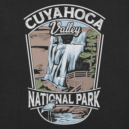 A black Cuyahoga Valley Clothing Company CVNP Brandywine Falls T - Shirt with a graphic of a waterfall and a bird.
