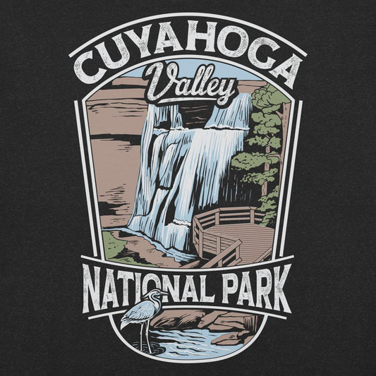 A black Cuyahoga Valley Clothing Company CVNP Brandywine Falls T - Shirt with a graphic of a waterfall and a bird.