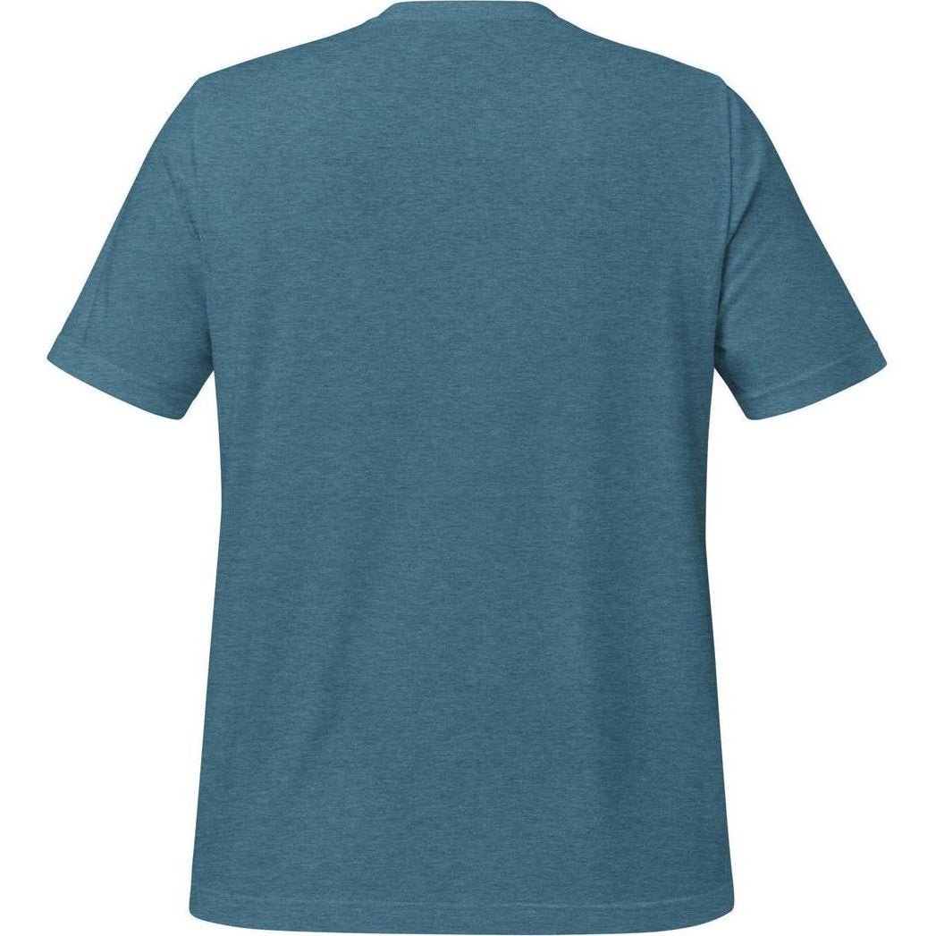 Back view of the Cuyahoga Valley Clothing Company CVNP Covered Bridge T - Shirt in Heather Deep Teal against a white background.