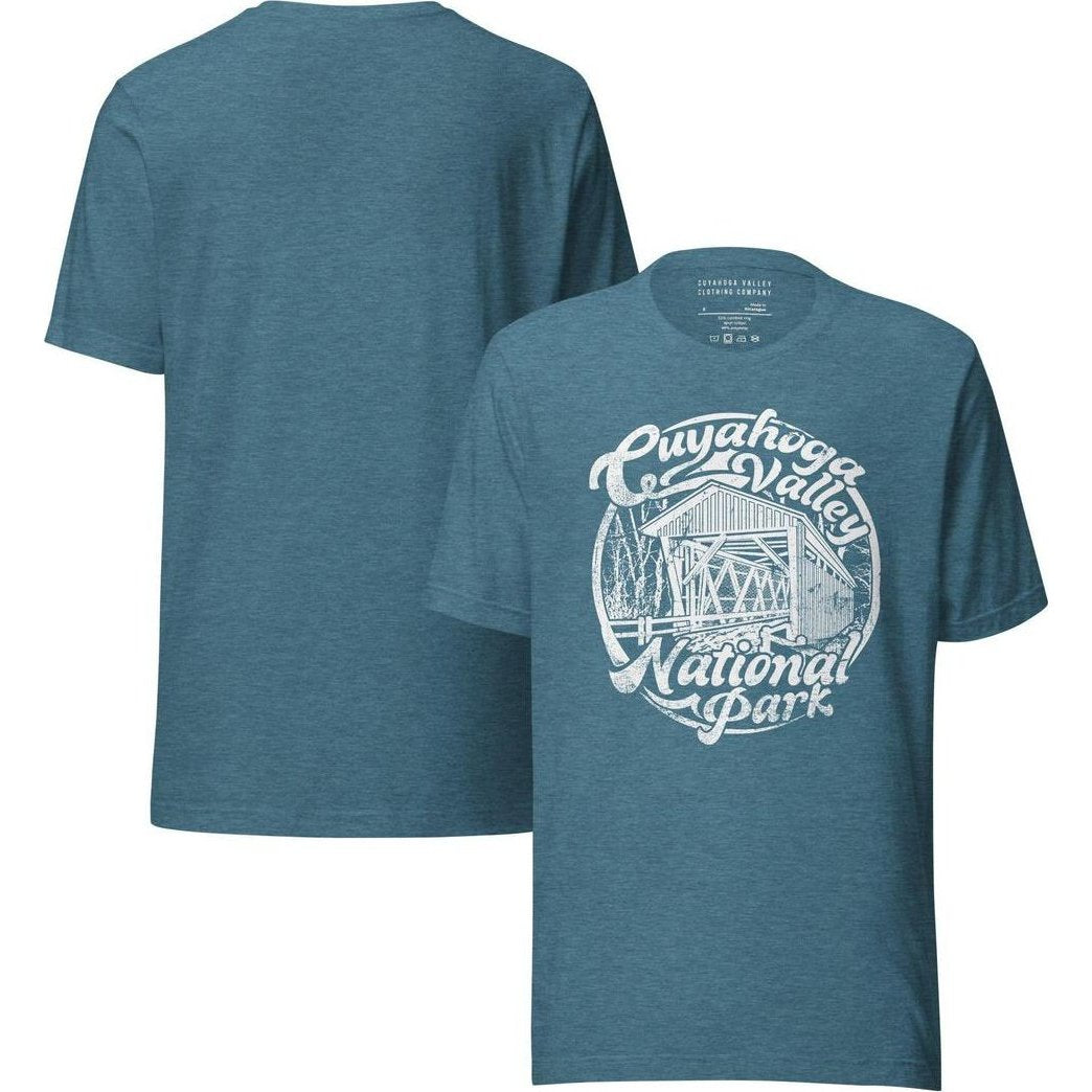 Front and back view of the Cuyahoga Valley Clothing Company CVNP Covered Bridge T - Shirt in Heather Deep Teal showing the front graphic design.