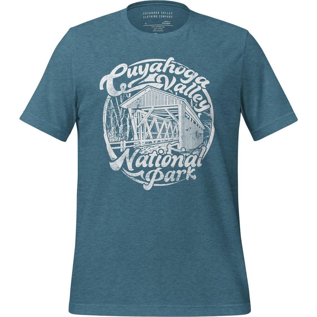 A front view of the Cuyahoga Valley Clothing Company CVNP Covered Bridge T - Shirt in Heather Deep Teal showing the graphic design on the chest.