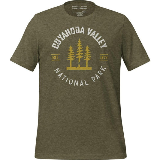 A front view of the Cuyahoga Valley Clothing Company CVNP Tree-Shirt in Heather Olive showing the logo and trees on the chest.