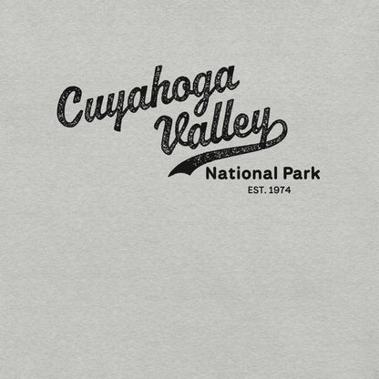 A front view of the Cuyahoga Valley Clothing Company CVNP Vintage Script T - Shirt in Athletic Heather showing the logo against a light gray background.