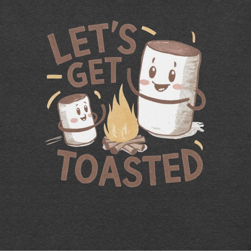 A dark grey heather t - shirt from Cuyahoga Valley Clothing Company shows two cartoon marshmallows by a campfire with "Let's Get Toasted" text.