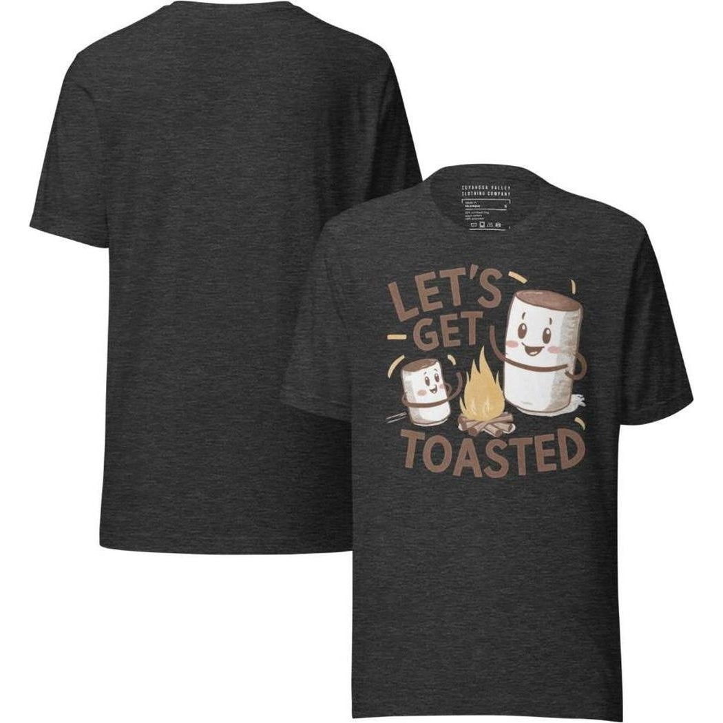 Back and front view of the Cuyahoga Valley Clothing Company Let's Get Toasted T-Shirt in DarkGreyHeather showing the marshmallow graphic on the front.