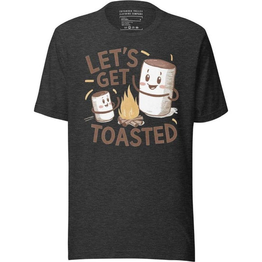 A front view of the Cuyahoga Valley Clothing Company Let's Get Toasted T - Shirt in DarkGreyHeather showing the marshmallow graphic and text on a dark background.