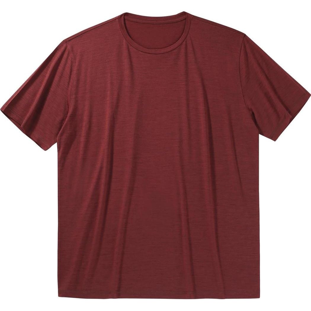 A front view of the Cuyahoga Valley Clothing Company Men's Merino Short Sleeve in Oxblood Red against a white background.