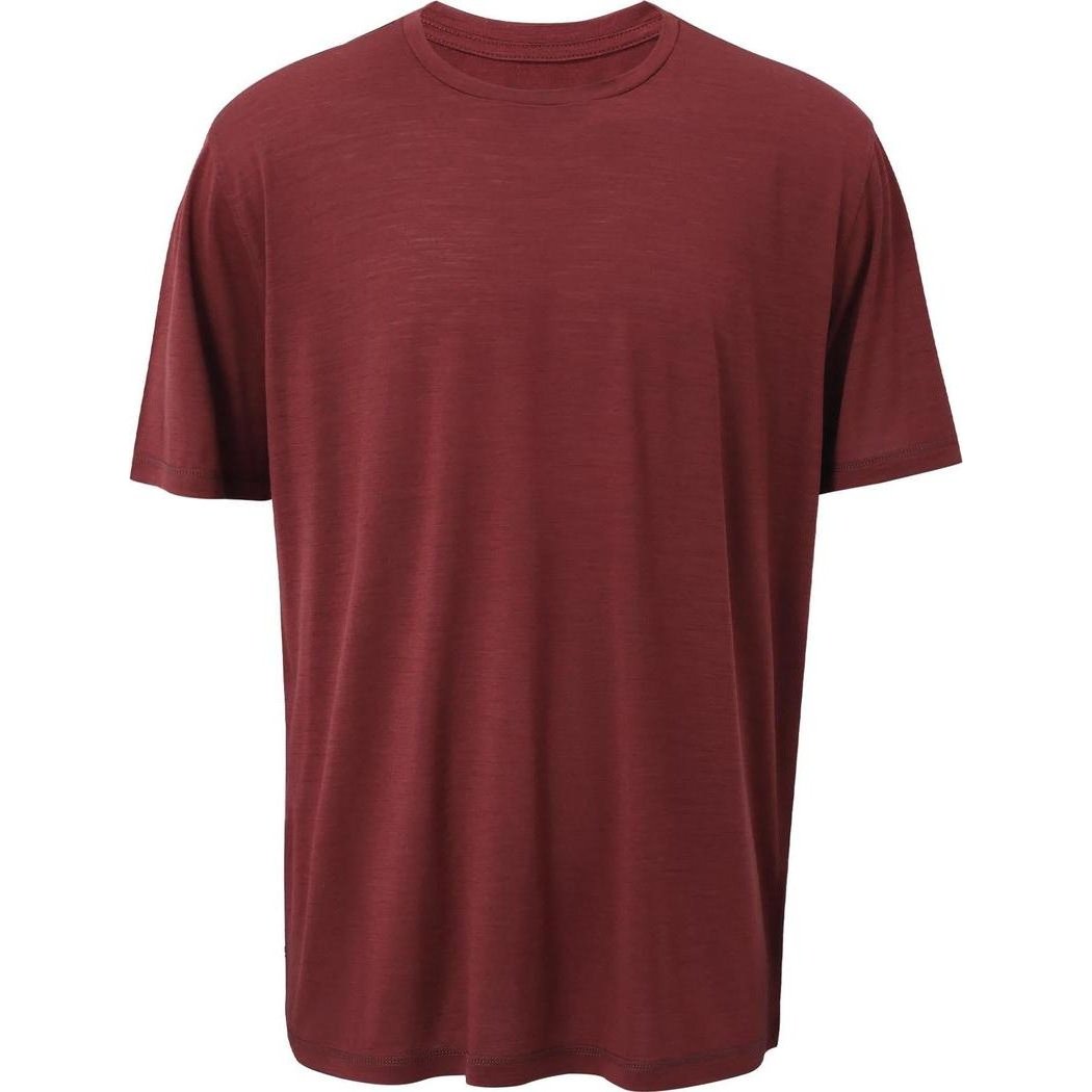 A front view of the Cuyahoga Valley Clothing Company Men's Merino Short Sleeve in Oxblood Red against a white background.
