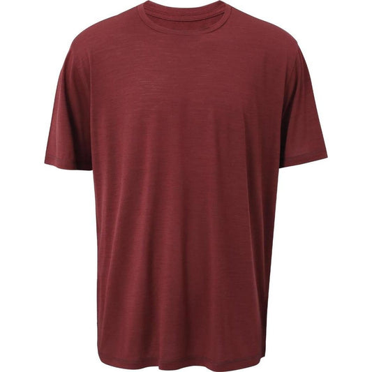 A front view of the Cuyahoga Valley Clothing Company Men's Merino Short Sleeve in Oxblood Red against a white background.