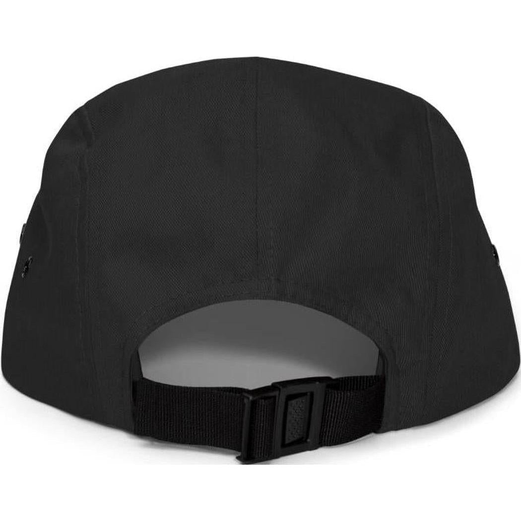 Back view of the Cuyahoga Valley Clothing Company Tree Logo 5 Panel Cap in Black showing the adjustable strap and white background.
