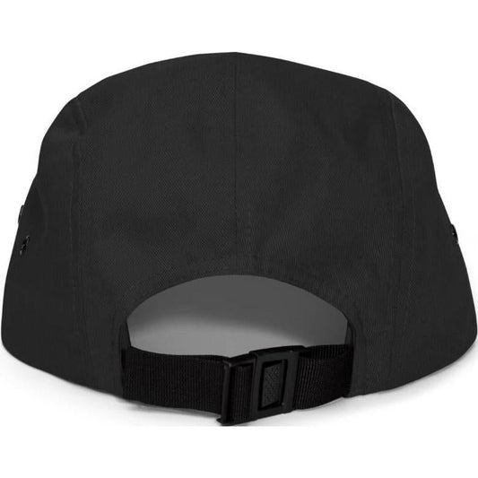 Back view of the Cuyahoga Valley Clothing Company Tree Logo 5 Panel Cap in Black showing the adjustable strap and white background.