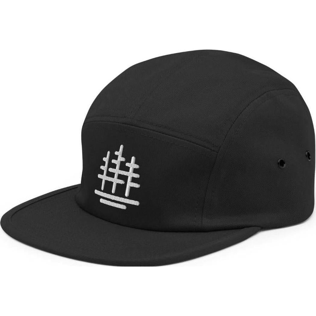 A black Cuyahoga Valley Clothing Company Tree Logo 5 Panel Cap shown from the front with a flat brim and white logo on a white background.