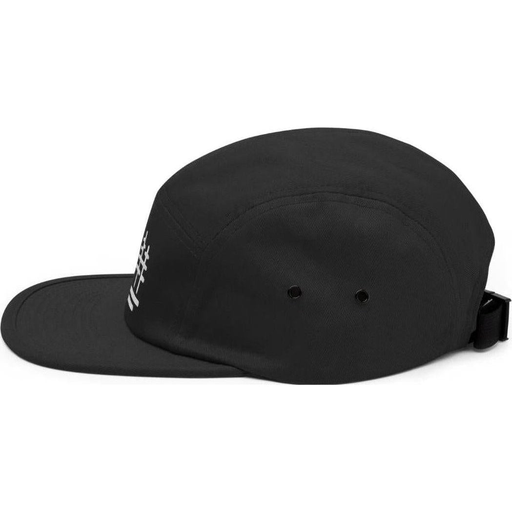Side view of the Cuyahoga Valley Clothing Company Tree Logo 5 Panel Cap in Black showing the flat brim and adjustable strap against a white background.