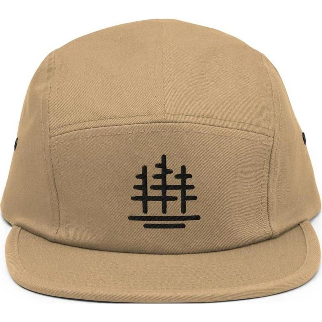 A front view of the Cuyahoga Valley Clothing Company Tree Logo 5 Panel Cap in Black with a flat brim and a black tree logo on the front panel.
