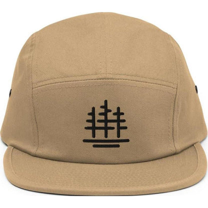 A front view of the Cuyahoga Valley Clothing Company Tree Logo 5 Panel Cap in Black with a flat brim and a black tree logo on the front panel.