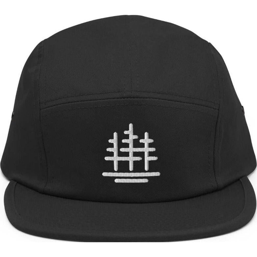 A front view of the Cuyahoga Valley Clothing Company Tree Logo 5 Panel Cap in Black with a white embroidered logo on the front panel.