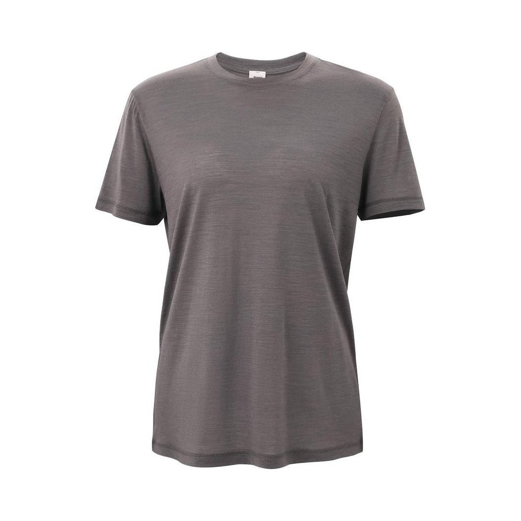 A front view of the Cuyahoga Valley Clothing Company Women's Merino Short Sleeve in Asphalt against a white background.