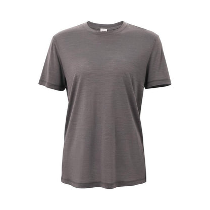 A front view of the Cuyahoga Valley Clothing Company Women's Merino Short Sleeve in Asphalt against a white background.