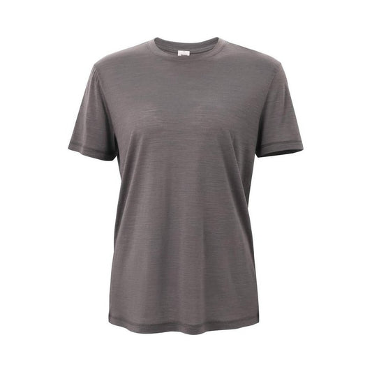 A front view of the Cuyahoga Valley Clothing Company Women's Merino Short Sleeve in Asphalt against a white background.