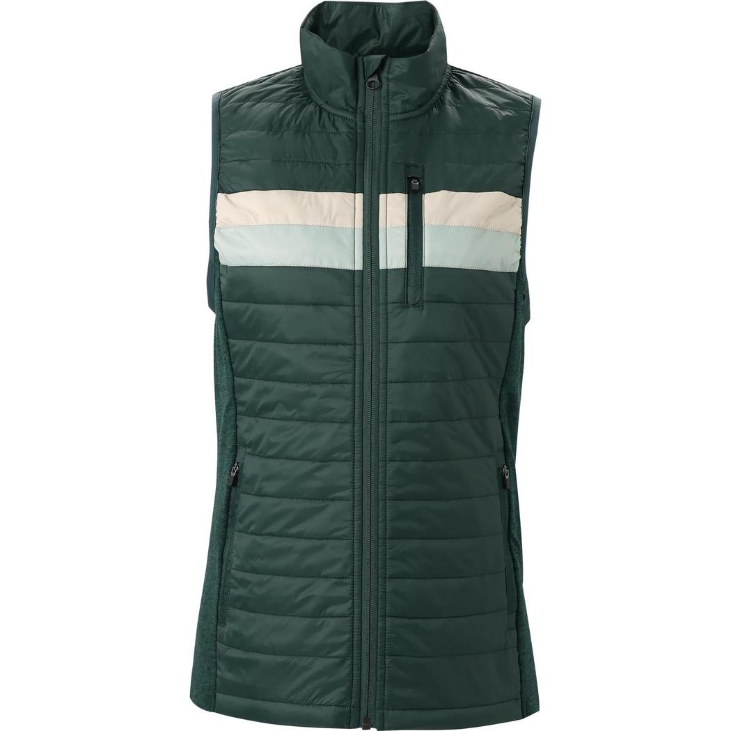 A front view of the Cuyahoga Valley Clothing Company Women's Outdoor Vest 2.0 in Pine Grove color, showing the horizontal stripe and zippered pocket against a white background.