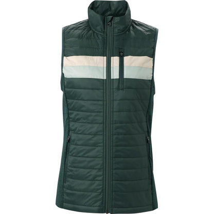 A front view of the Cuyahoga Valley Clothing Company Women's Outdoor Vest 2.0 in Pine Grove color, showing the horizontal stripe and zippered pocket against a white background.