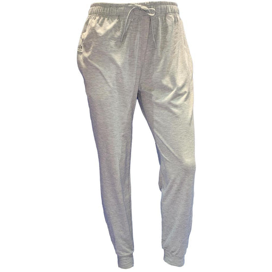 Side view of the Cuyahoga Valley Clothing Company Women's Performance Tech Jogger 3.0 in Silver Cloud showing the drawstring waist and cuffed ankles against a white background.