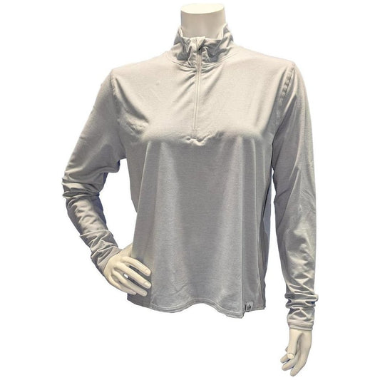A front view of the Cuyahoga Valley Clothing Company Women's Performance Tech Quarter Zip 3.0 in Silver Cloud on a mannequin with a white background.