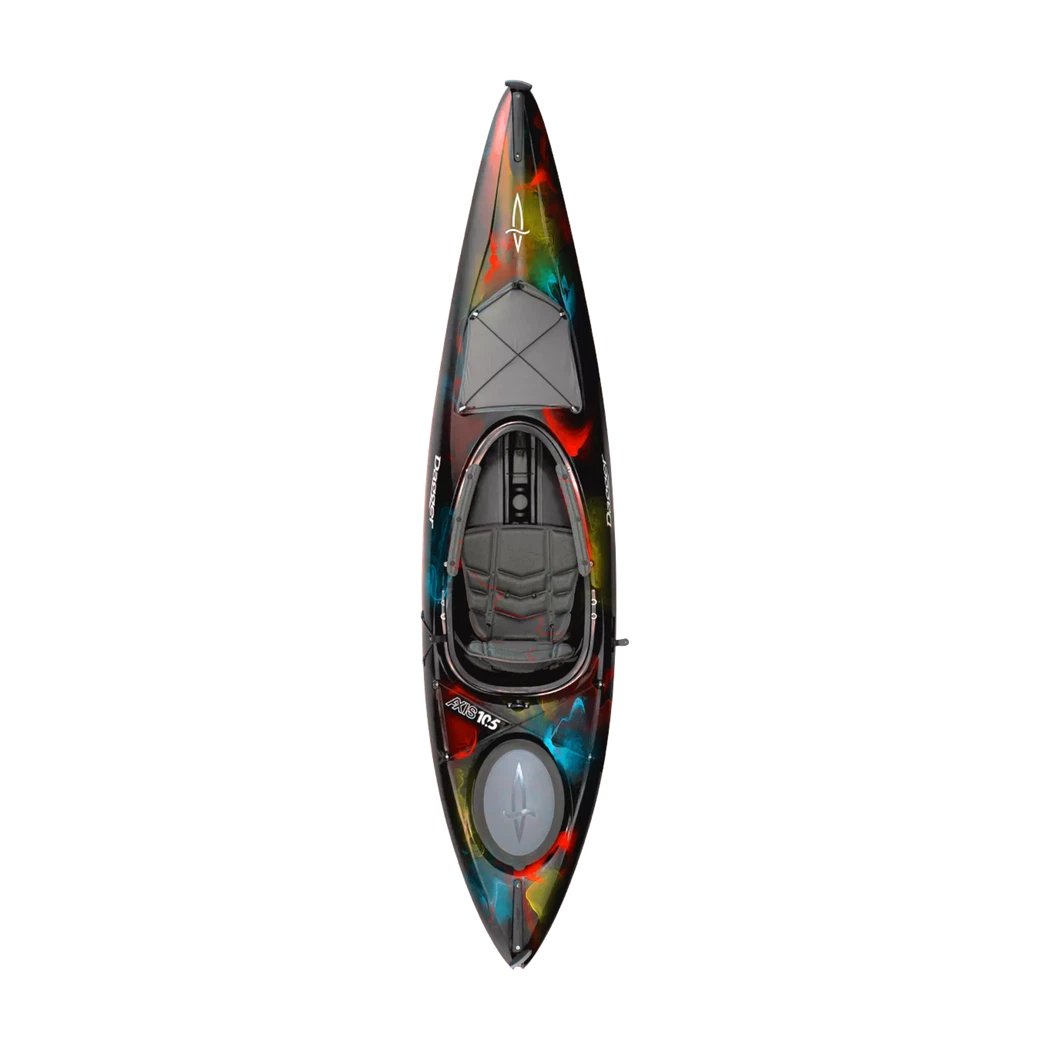 Top-down view of the Dagger Axis 10.5 Aurora kayak with a gray seat and a round hatch, set against a plain white background.