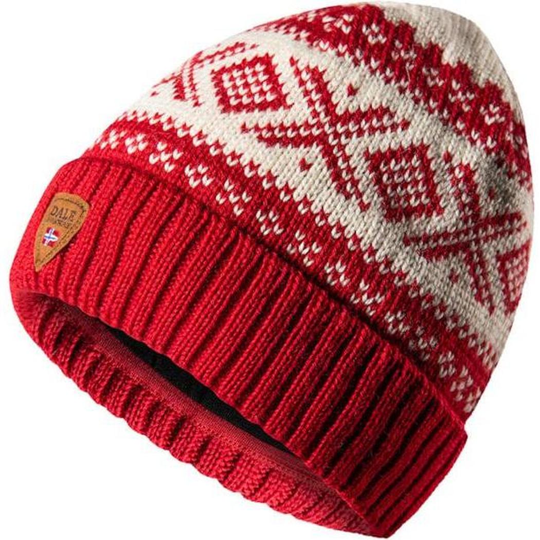 A top-down view of the Dale Of Norway Cortina 1956 Hat in Navy White with a ribbed cuff and patterned body.