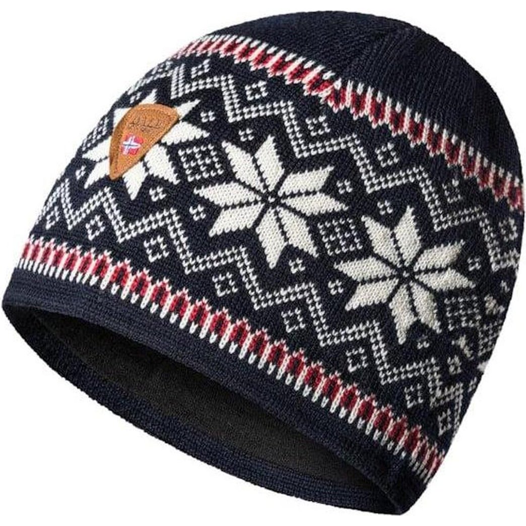 A top-down view of the Dale Of Norway Garmisch Hat in Navy Offwhite Red showing the snowflake pattern and leather tag.