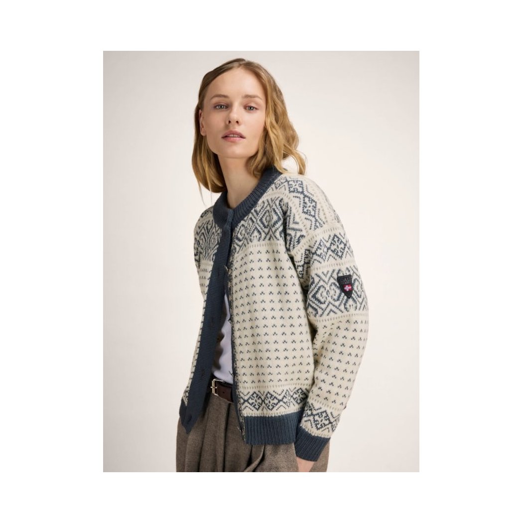 Side view of the Dale Of Norway Hannah Fem. Cardigan-SAMPLE with a geometric pattern against a plain background.