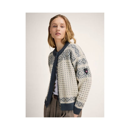 Side view of the Dale Of Norway Hannah Fem. Cardigan-SAMPLE with a geometric pattern against a plain background.